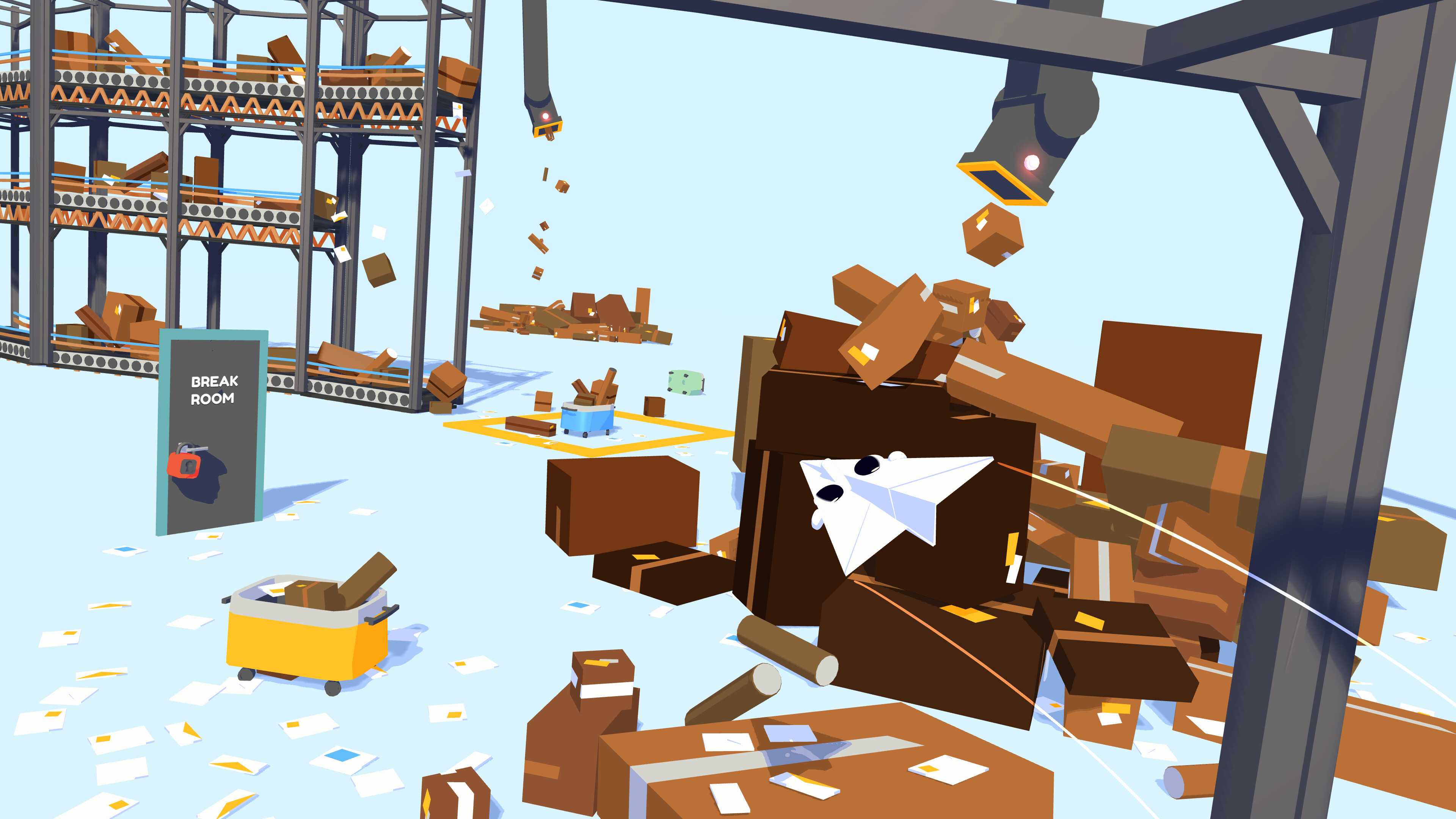 Screenshot from Henry Halfhead video game of paper airplane with eyes flying through factory setting.