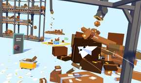 Screenshot from Henry Halfhead video game of paper airplane with eyes flying through factory setting.
