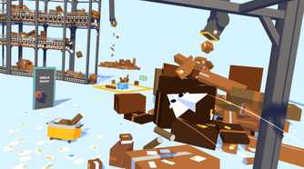 Screenshot from Henry Halfhead video game of paper airplane with eyes flying through factory setting.