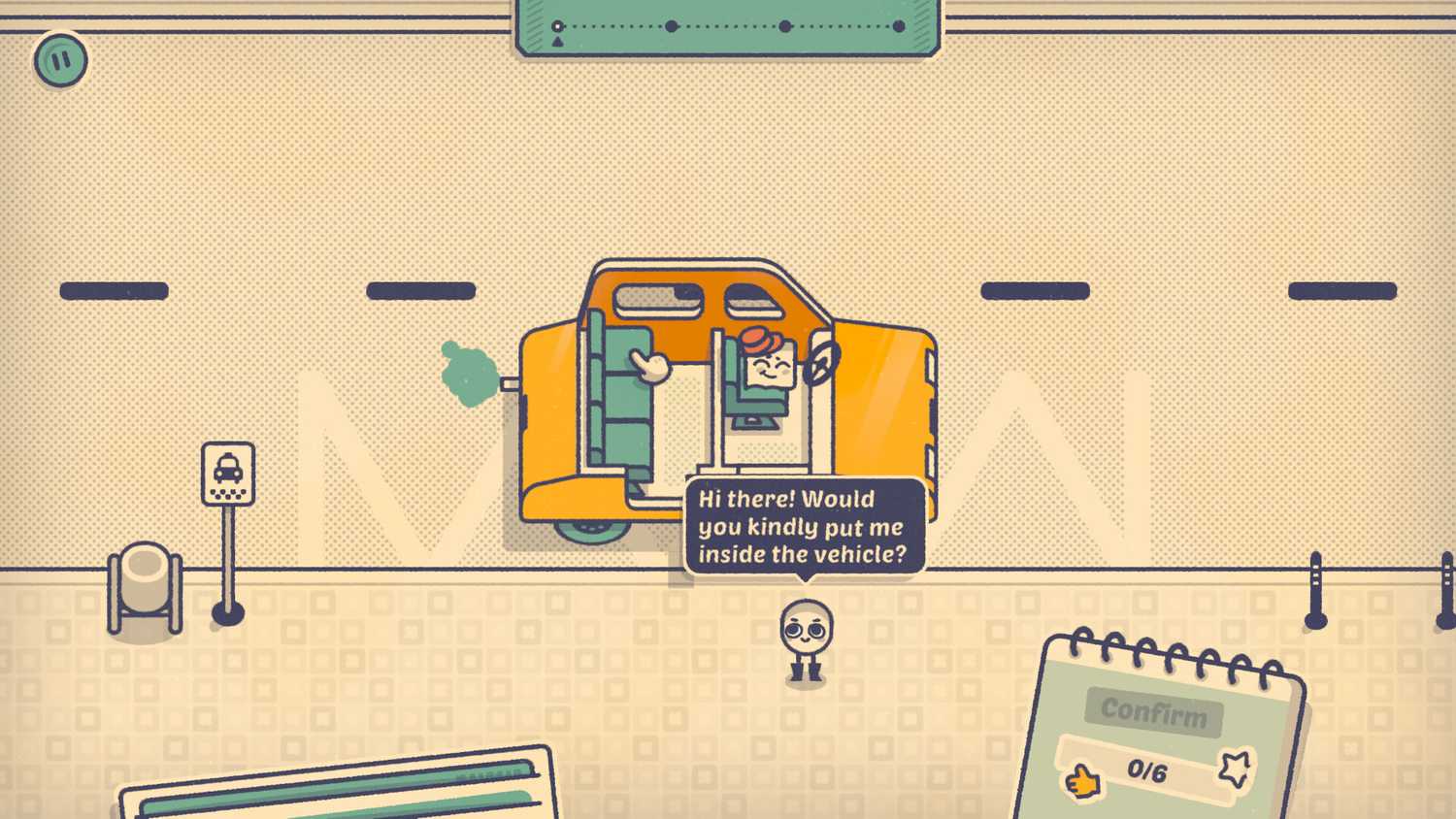 Screenshot from Is This Seat Taken? video game of character getting into a taxi