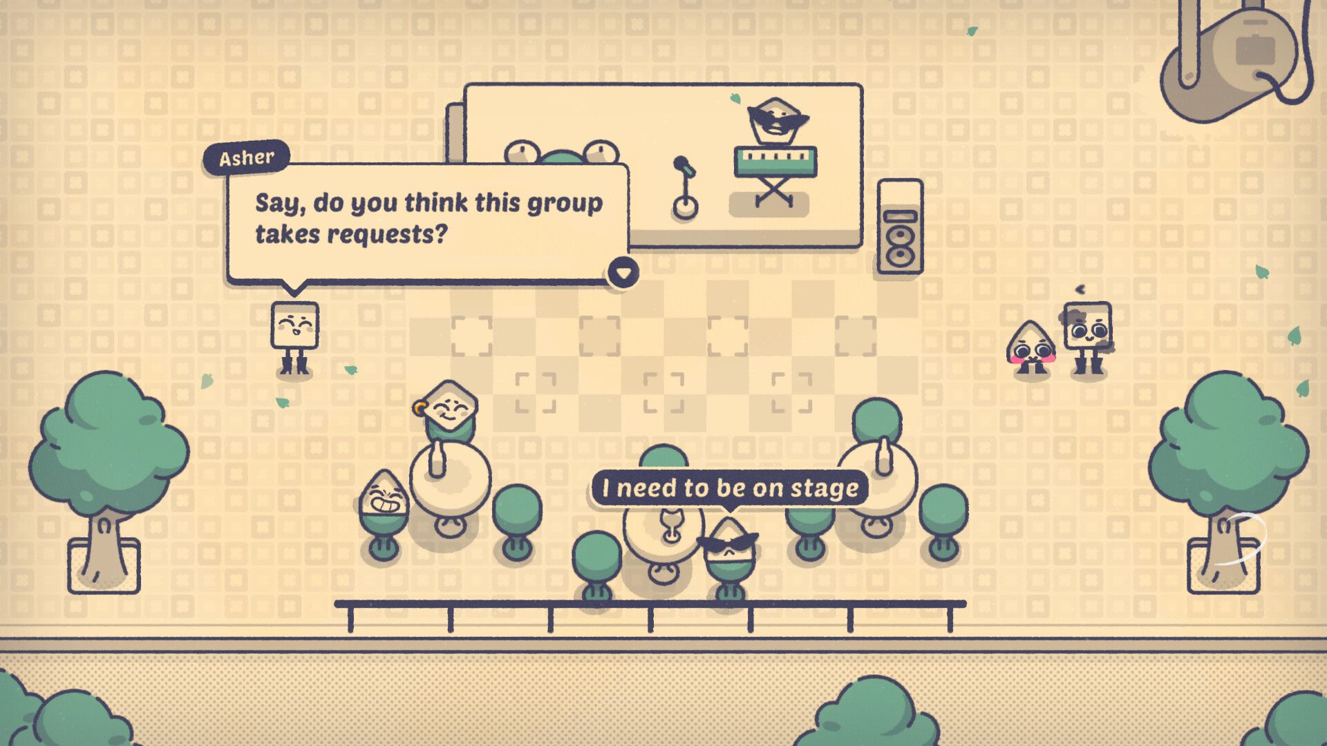 Screenshot from Is This Seat Taken? video game of characters in a concert hall setting