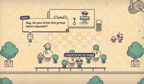 Screenshot from Is This Seat Taken? video game of characters in a concert hall setting
