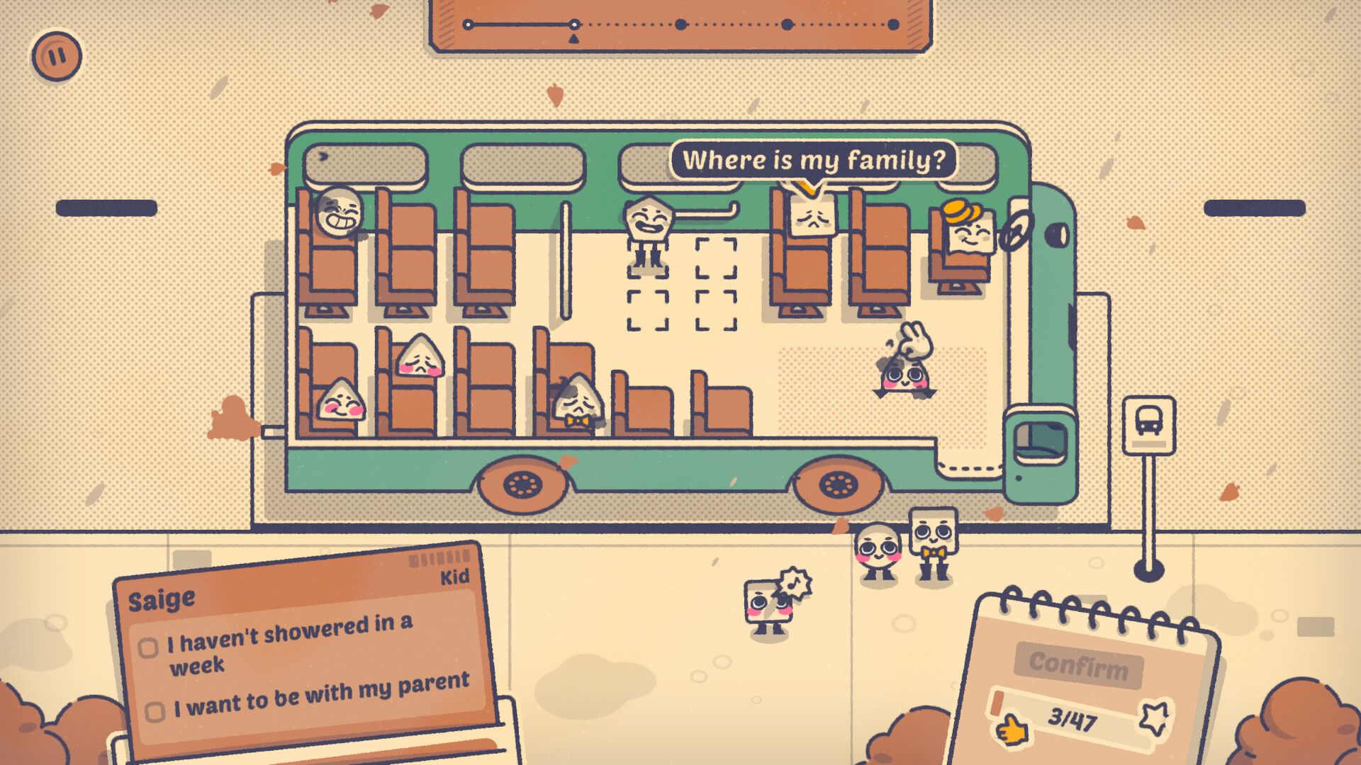 Screenshot from Is This Seat Taken? video game of a bus interior and characters sitting in different seats