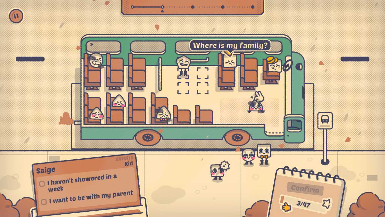 Screenshot from Is This Seat Taken? video game of a bus interior and characters sitting in different seats