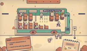 Screenshot from Is This Seat Taken? video game of a bus interior and characters sitting in different seats