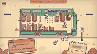 Screenshot from Is This Seat Taken? video game of a bus interior and characters sitting in different seats