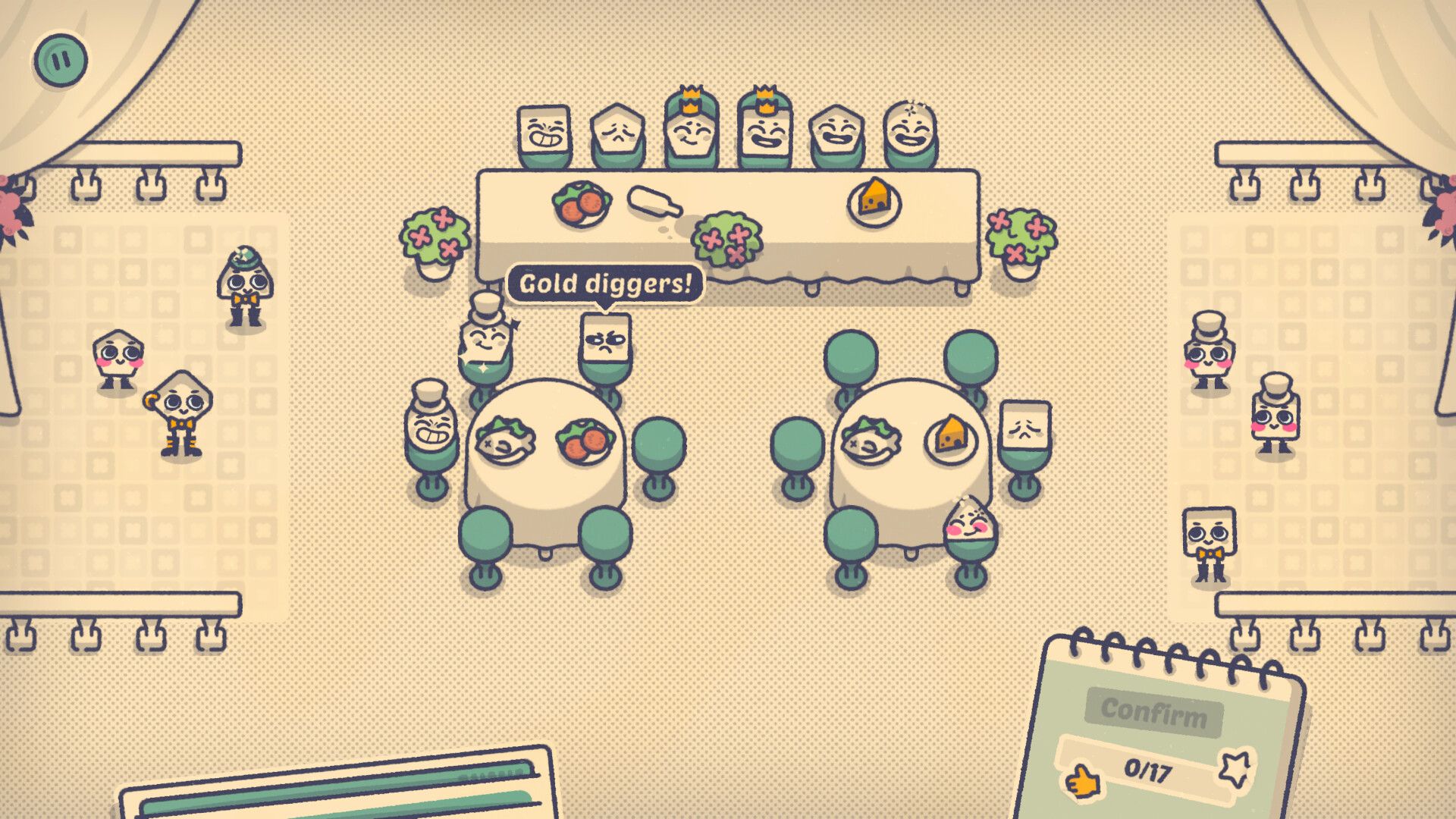 Screenshot from Is This Seat Taken? video game of characters in a dining room setting