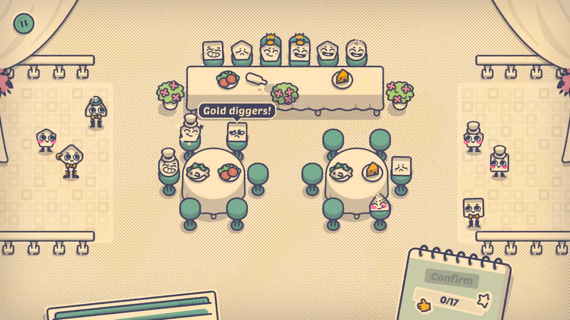 Screenshot from Is This Seat Taken? video game of characters in a dining room setting