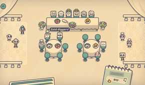 Screenshot from Is This Seat Taken? video game of characters in a dining room setting