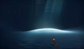 A screenshot from the game Journey, showing the protagonist walk across sand in a dark room, with sunlight peering through.