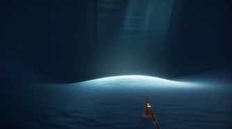 A screenshot from the game Journey, showing the protagonist walk across sand in a dark room, with sunlight peering through.