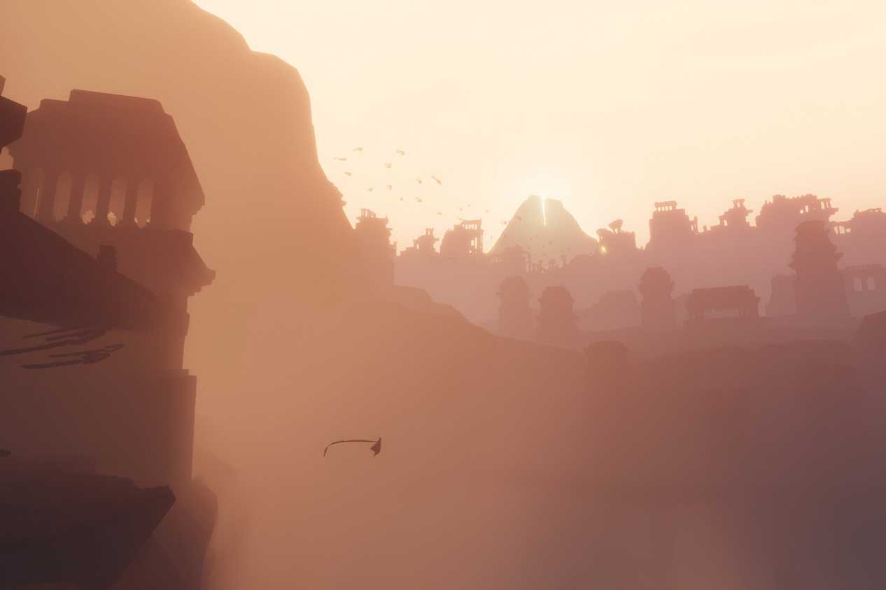 A screenshot from the game Journey, showing the protagonist floating against a huge backdrop of buildings and hills.