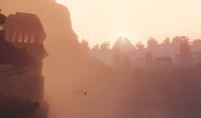 A screenshot from the game Journey, showing the protagonist floating against a huge backdrop of buildings and hills.