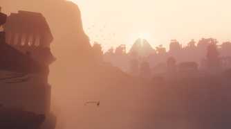 A screenshot from the game Journey, showing the protagonist floating against a huge backdrop of buildings and hills.