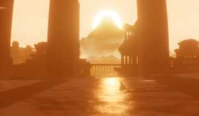 A screenshot from the game Journey, showing a beautifully lit desert landscape as the sunlight turns everything golden, and the protagonist walks through sand.