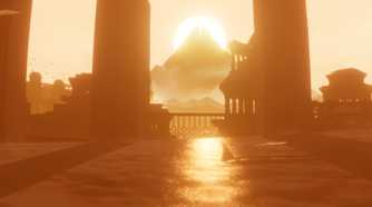 A screenshot from the game Journey, showing a beautifully lit desert landscape as the sunlight turns everything golden, and the protagonist walks through sand.