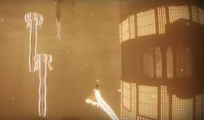 A screenshot from the game Journey, showing the protagonist floating through a mystical, sandy environment.