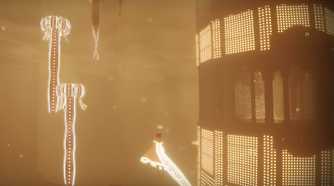 A screenshot from the game Journey, showing the protagonist floating through a mystical, sandy environment.