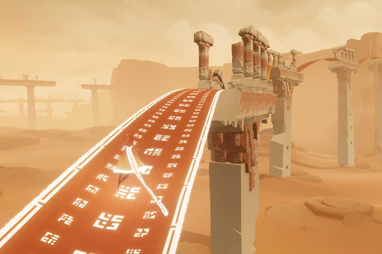 A screenshot from the game Journey, showing the protagonist running up a clothed walkway in the middle of a desert.