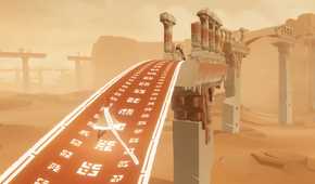 A screenshot from the game Journey, showing the protagonist running up a clothed walkway in the middle of a desert.