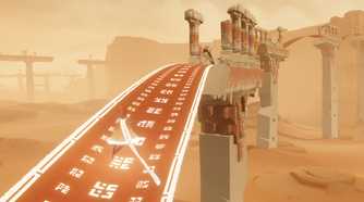 A screenshot from the game Journey, showing the protagonist running up a clothed walkway in the middle of a desert.