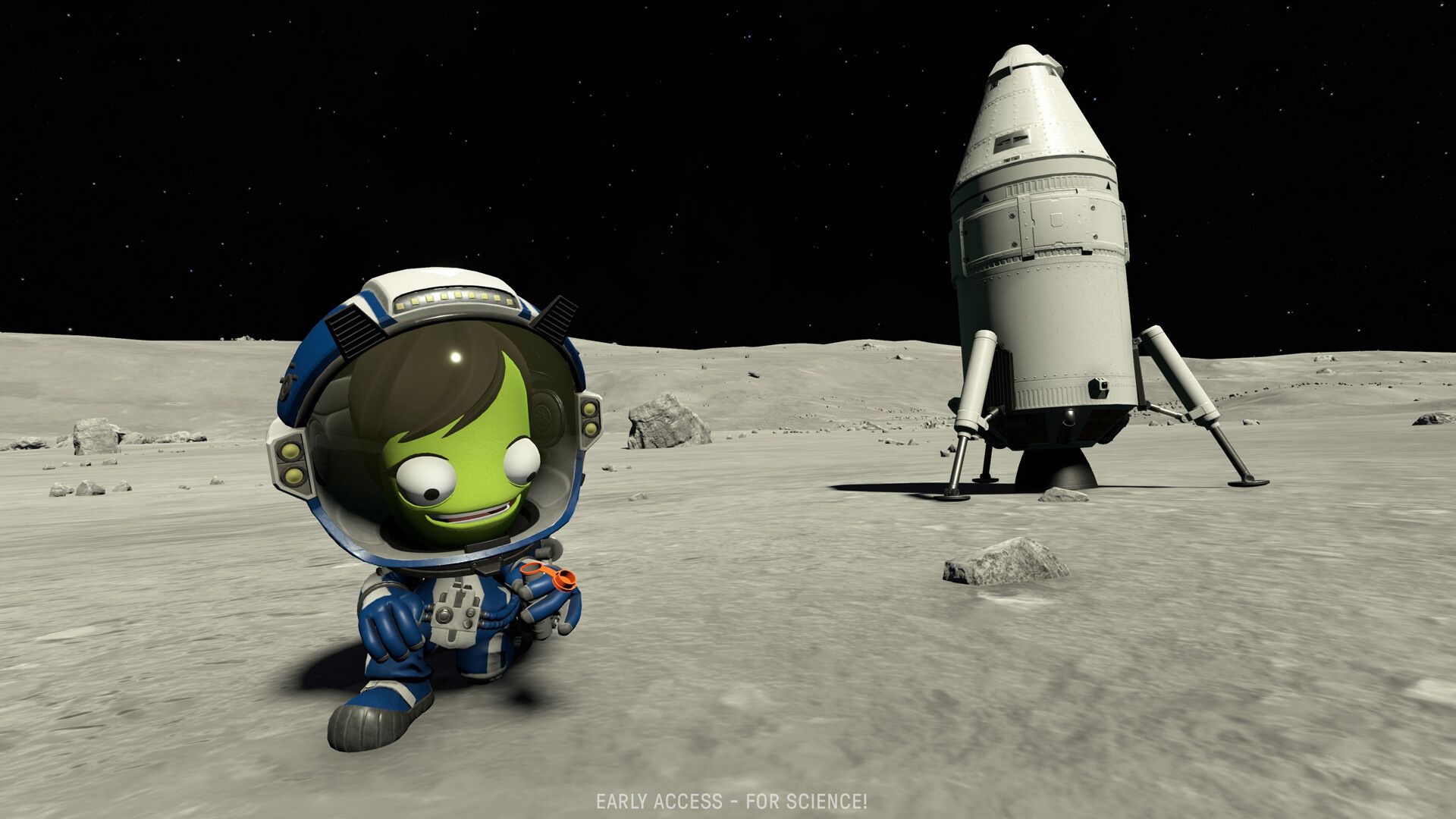 Screenshot from Kerbal Space Program 2 video game of character on the moon with space ship behind them