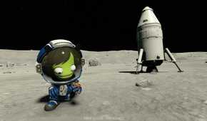 Screenshot from Kerbal Space Program 2 video game of character on the moon with space ship behind them