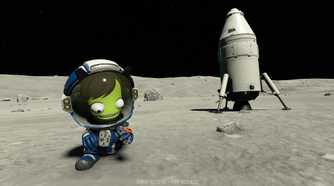 Screenshot from Kerbal Space Program 2 video game of character on the moon with space ship behind them