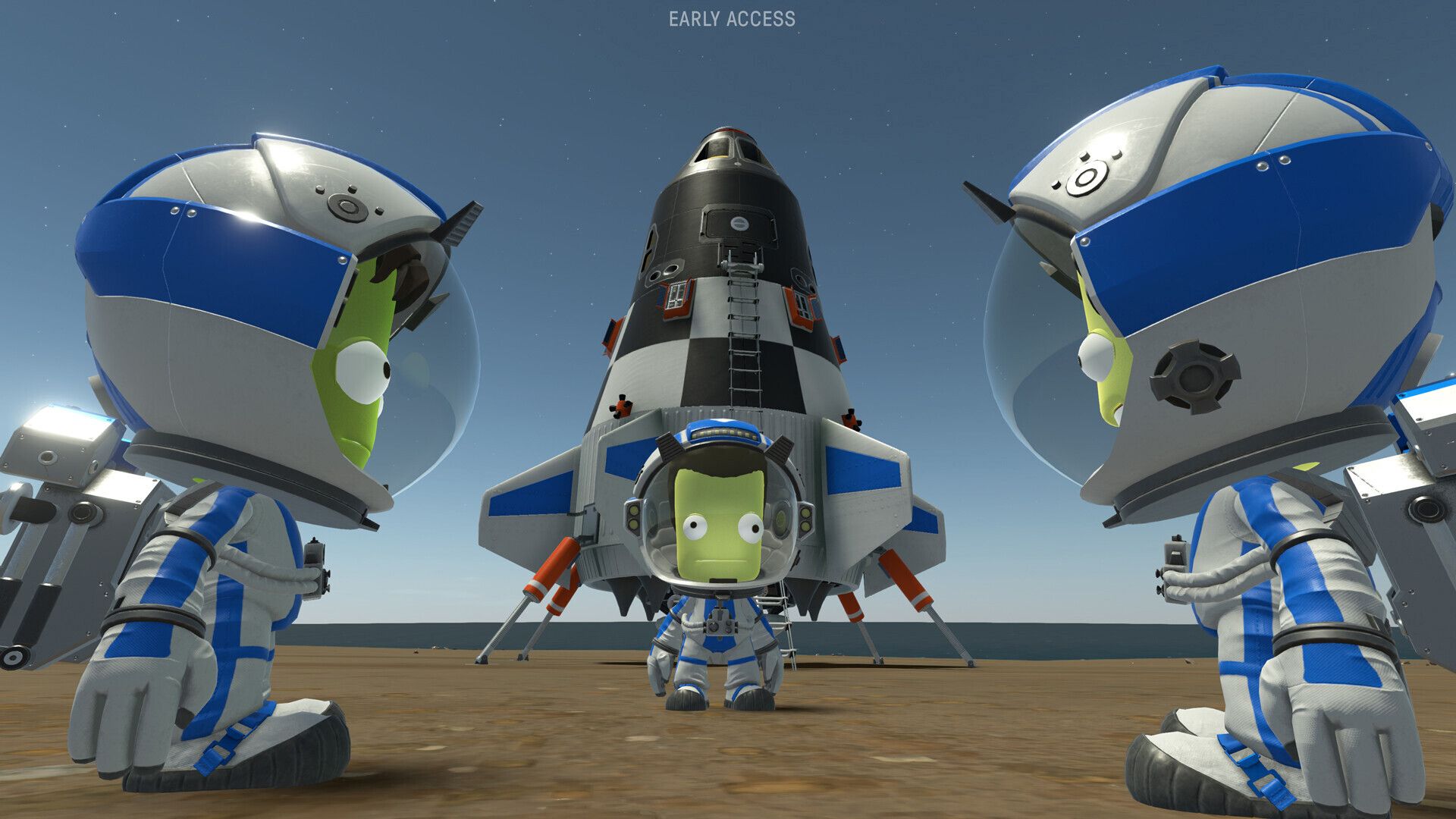 Screenshot from Kerbal Space Program 2 video game of three characters in space suits on a planet with a space shuttle behind them
