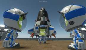 Screenshot from Kerbal Space Program 2 video game of three characters in space suits on a planet with a space shuttle behind them