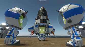 Screenshot from Kerbal Space Program 2 video game of three characters in space suits on a planet with a space shuttle behind them