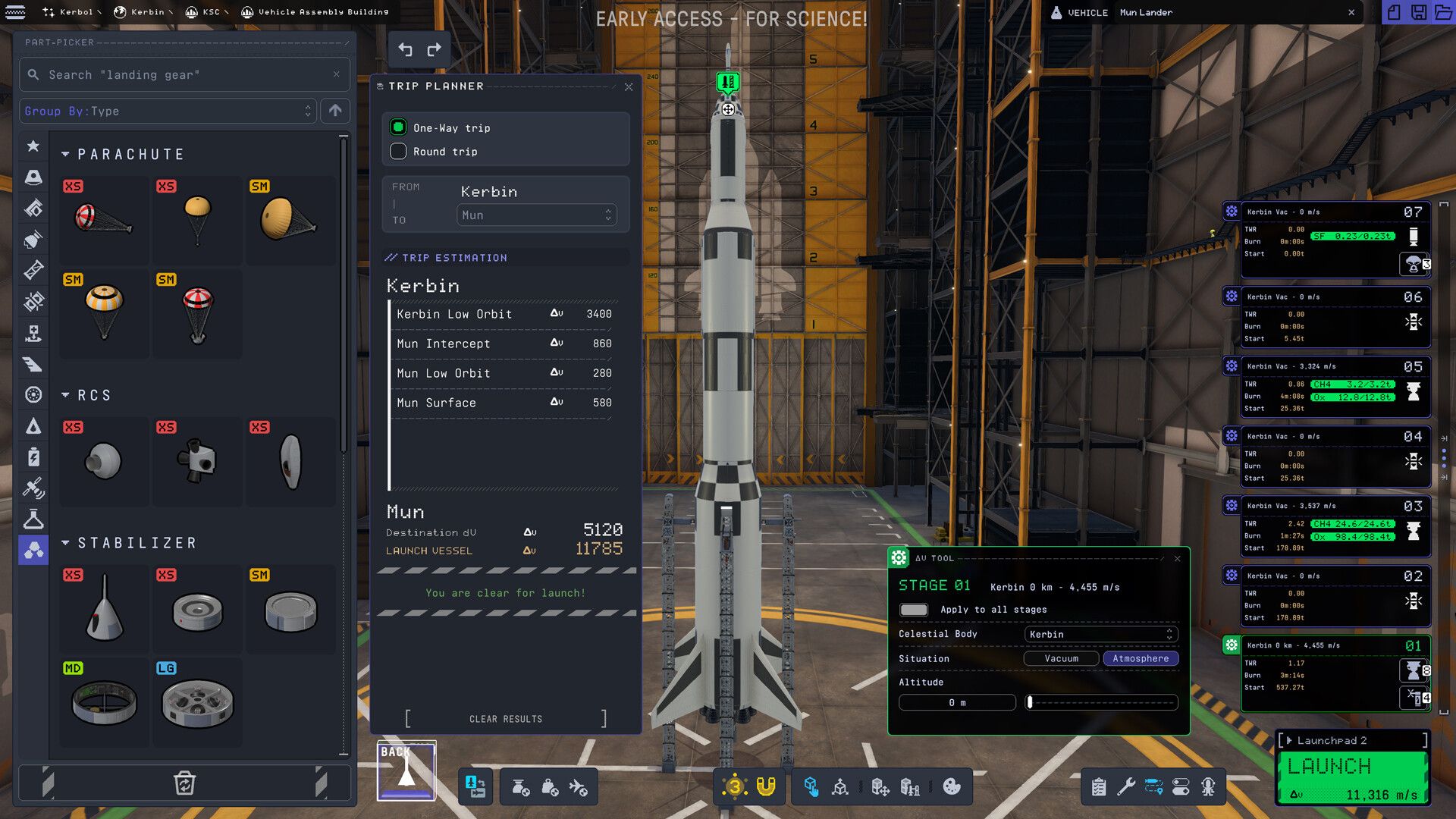 Screenshot from Kerbal Space Program 2 video game of menu to adjust and tweak a rocket.