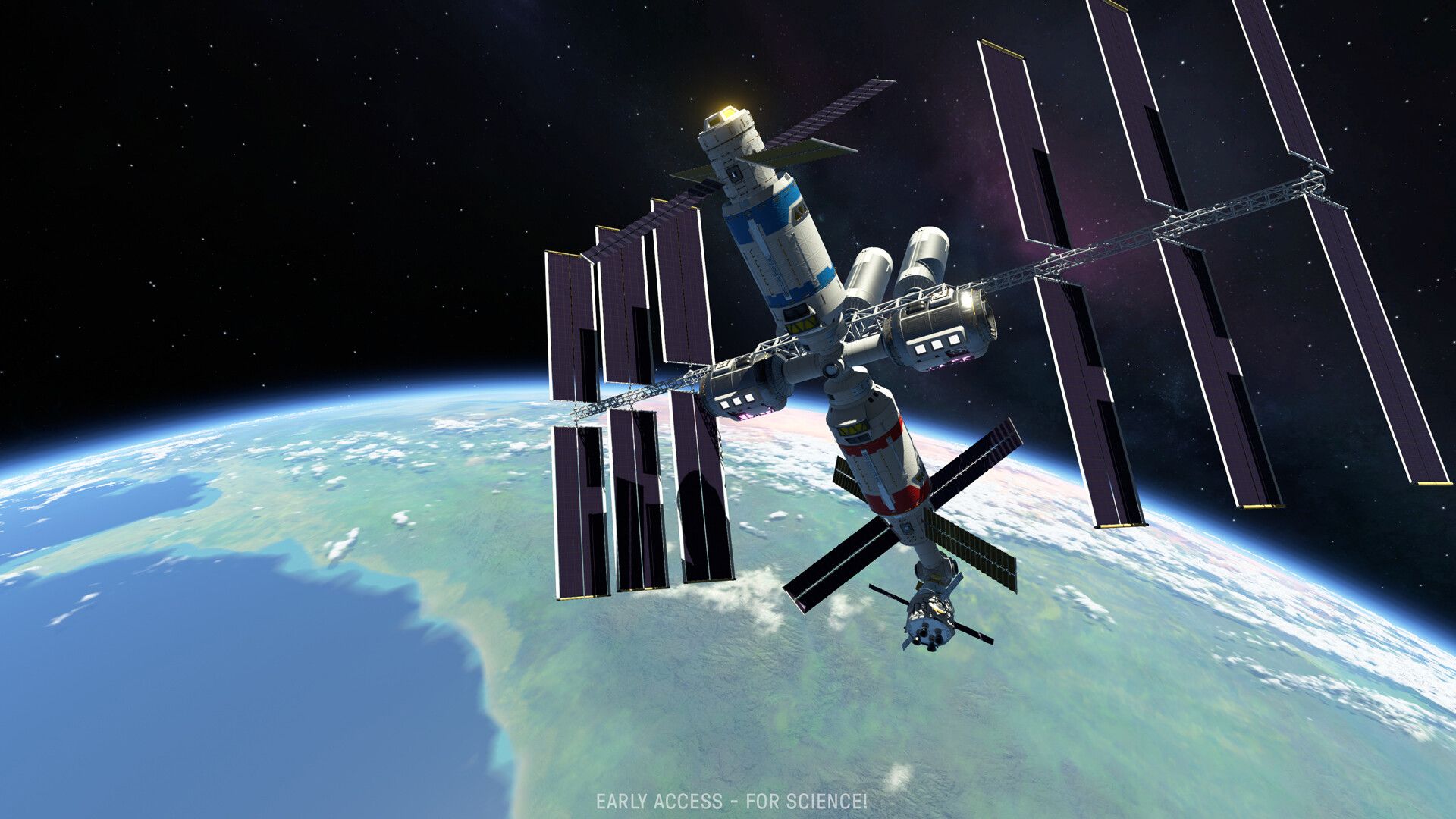 Screenshot from Kerbal Space Program 2 video game of space station above Earth.