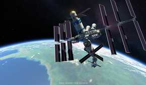Screenshot from Kerbal Space Program 2 video game of space station above Earth.