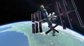 Screenshot from Kerbal Space Program 2 video game of space station above Earth.