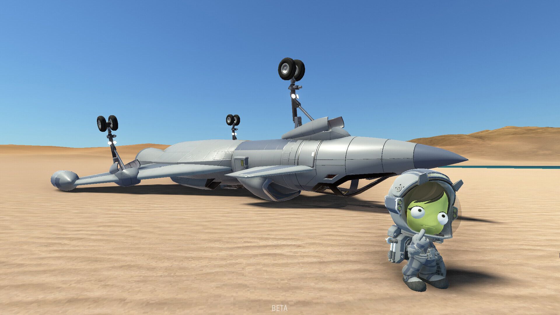 Screenshot from Kerbal Space Program 2 video game of character on desert planet with turned-over space craft behind them