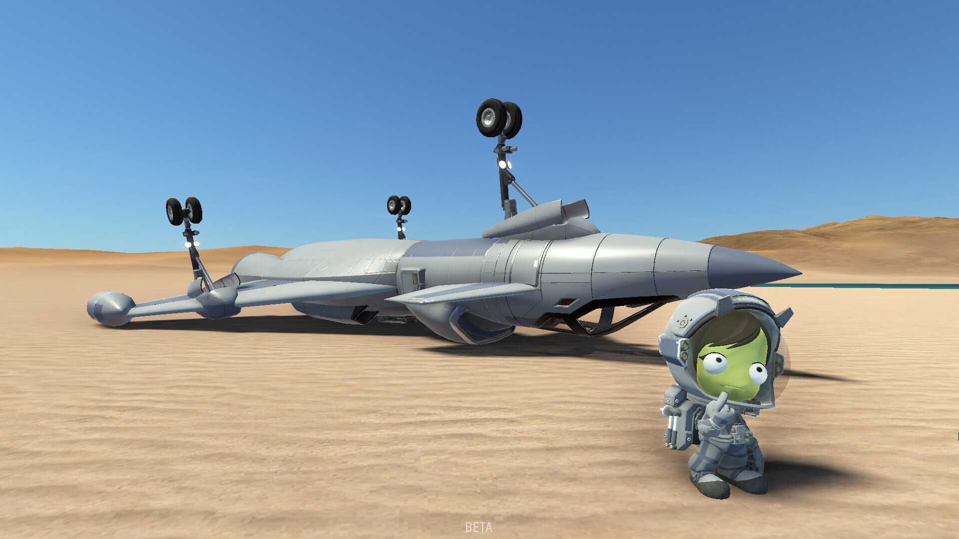 Screenshot from Kerbal Space Program 2 video game of character on desert planet with turned-over space craft behind them