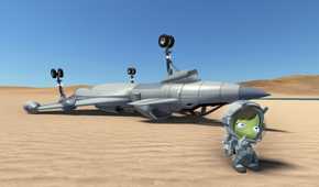 Screenshot from Kerbal Space Program 2 video game of character on desert planet with turned-over space craft behind them