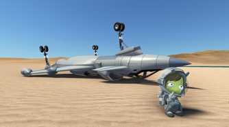 Screenshot from Kerbal Space Program 2 video game of character on desert planet with turned-over space craft behind them
