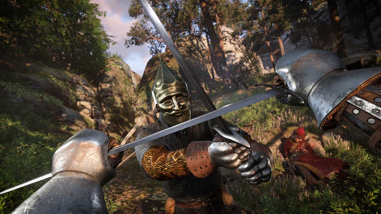 a knight with a steel mask attacking the player character with a sword while the player defends.