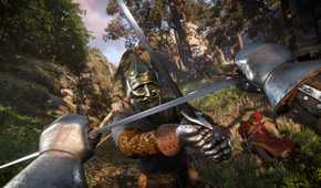 a knight with a steel mask attacking the player character with a sword while the player defends.