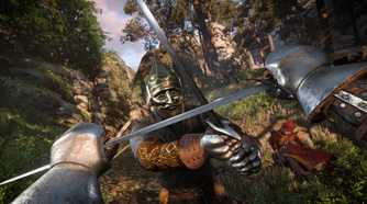 a knight with a steel mask attacking the player character with a sword while the player defends.