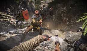 two men attacking player character with weapons in medieval setting.