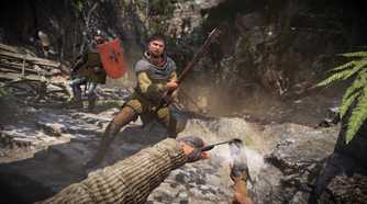 two men attacking player character with weapons in medieval setting.