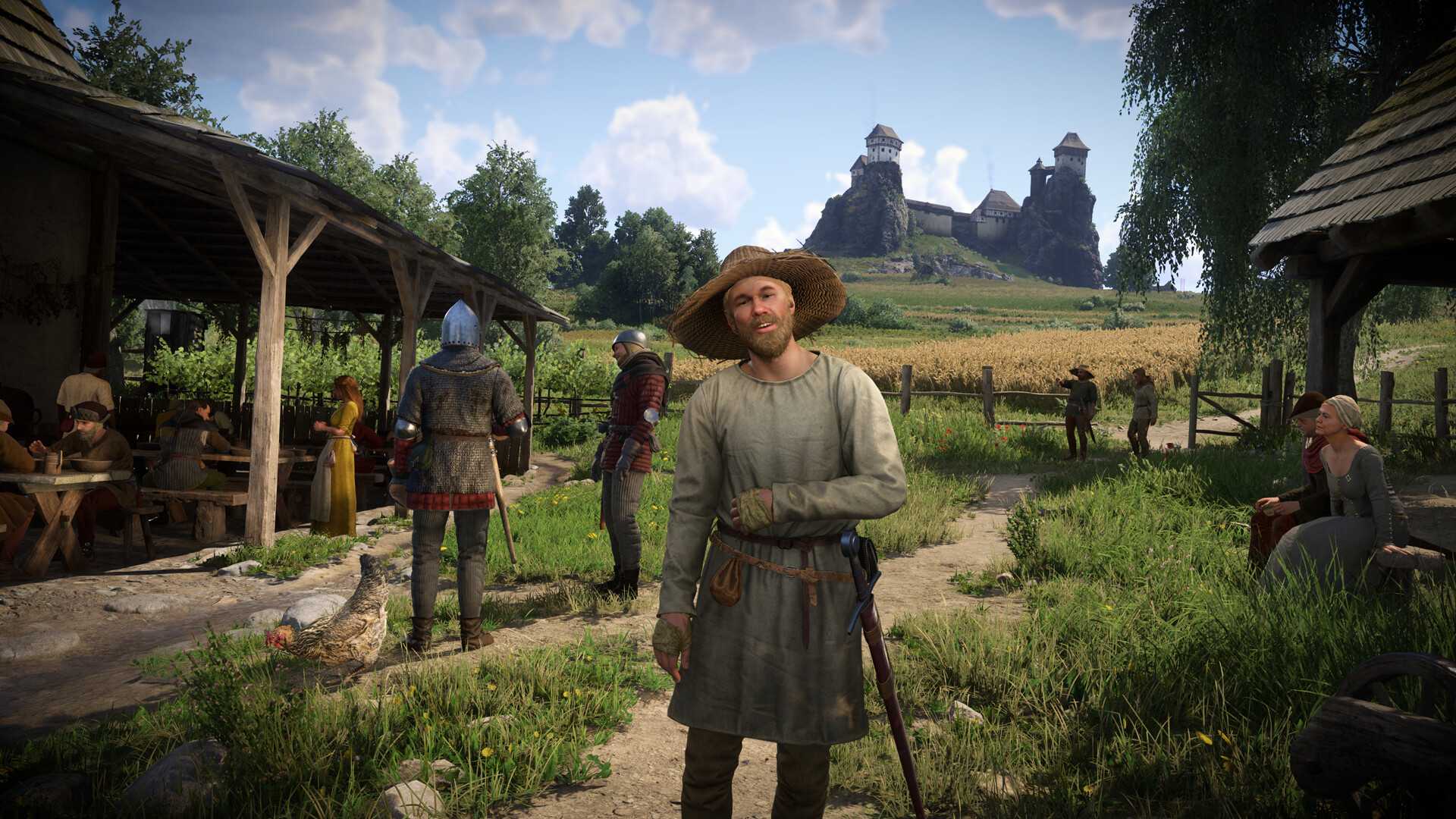 farmer in straw hat looking towards player in small countryside town setting.