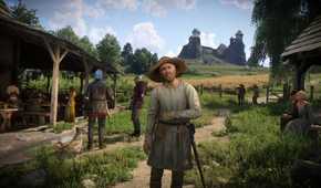 farmer in straw hat looking towards player in small countryside town setting.