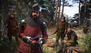 six men at a camp in the woods in medieval setting, one dressed in heavy armor.