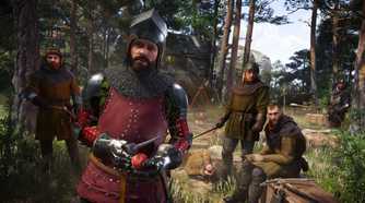 six men at a camp in the woods in medieval setting, one dressed in heavy armor.