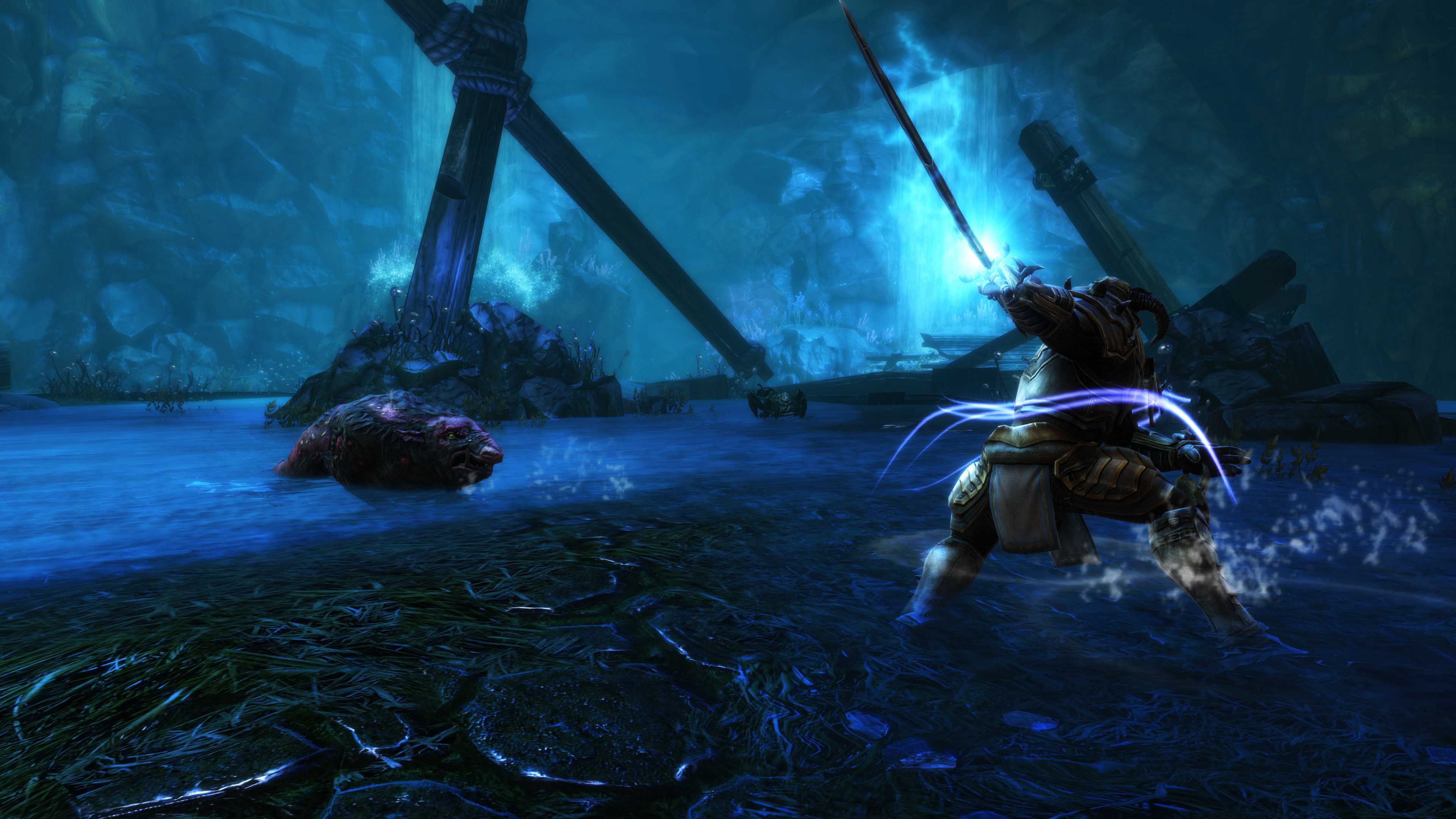 Screenshot from Kingdoms of Amalur: Re-Reckoning video game of character fighting large rat among shipwrecks