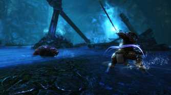 Screenshot from Kingdoms of Amalur: Re-Reckoning video game of character fighting large rat among shipwrecks